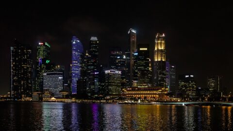 City business district skyline reflected at night