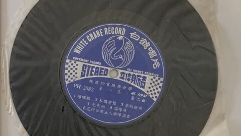 Vinyl record with blue label in its sleeve