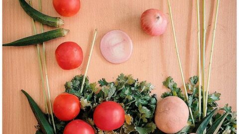 Bag of fresh vegetables and tomatoes from above