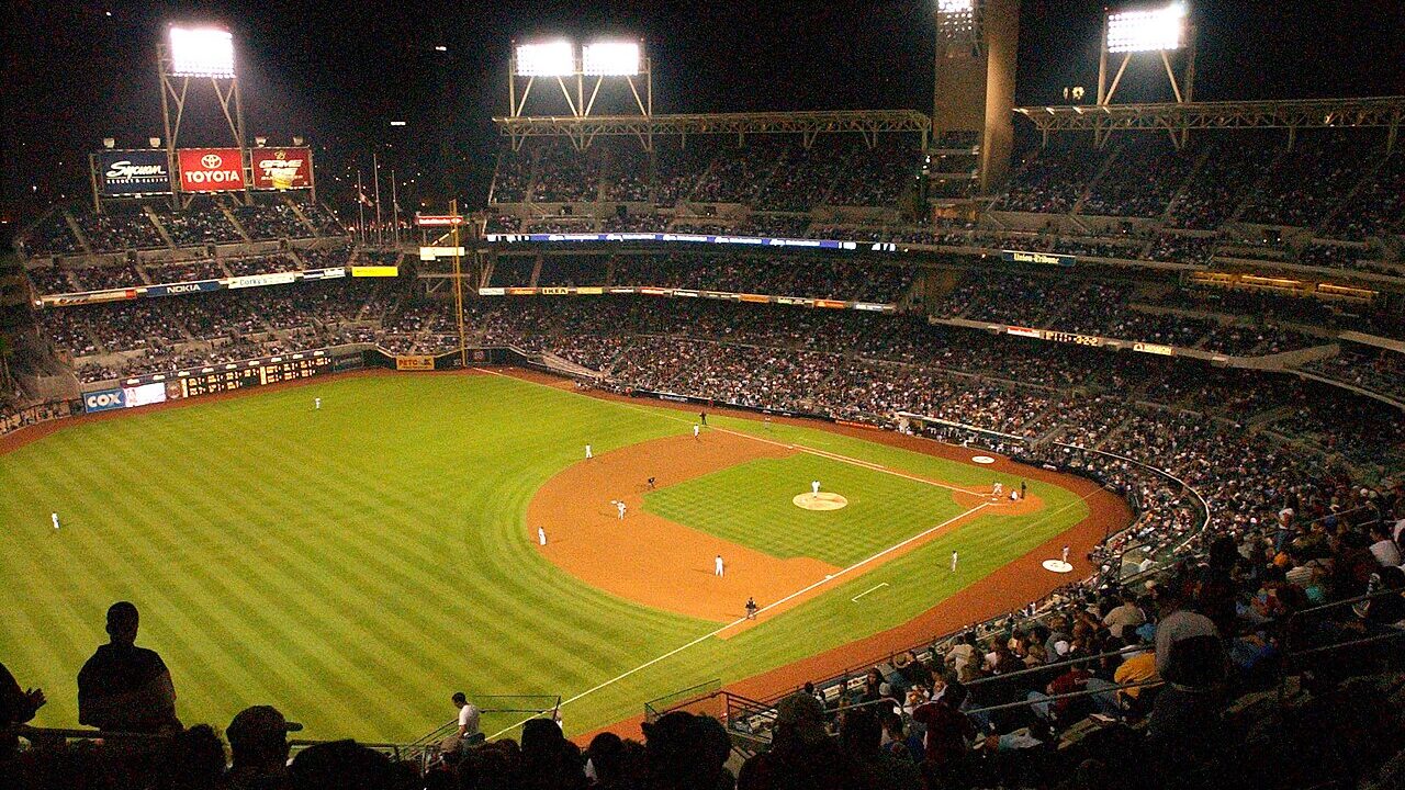 Baseball diamond and stadium under lights