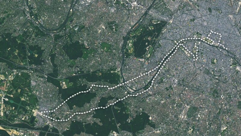 Aerial map view of a city route marked with dots