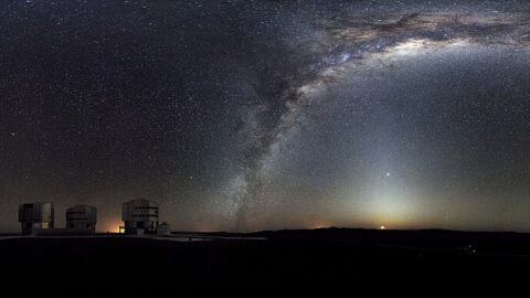 Panorama of the southern night sky with observatories