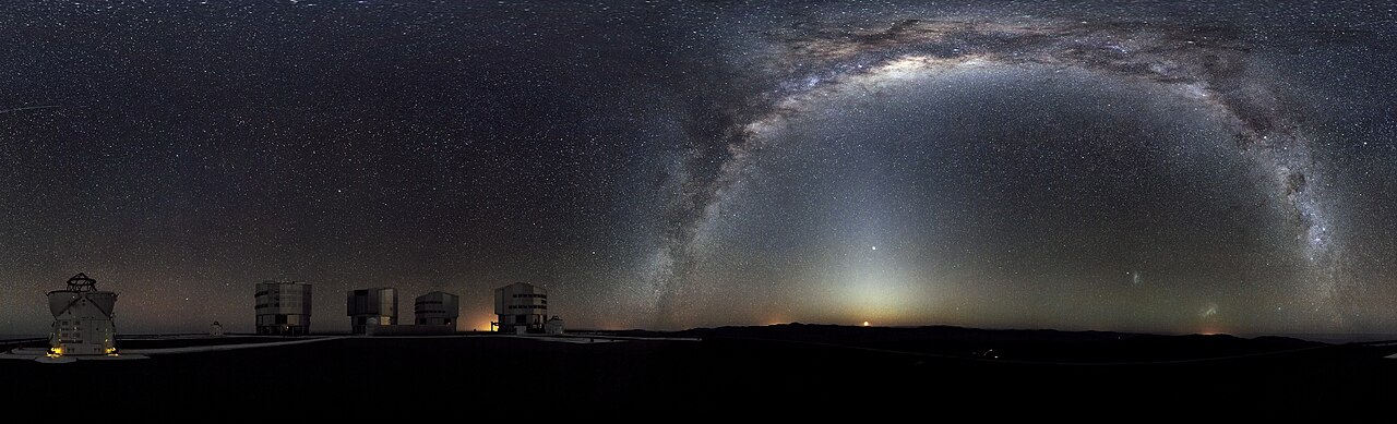 Panorama of the southern night sky with observatories