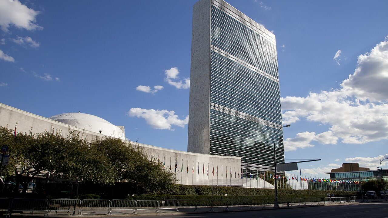 United Nations headquarters in New York under a blue sky
