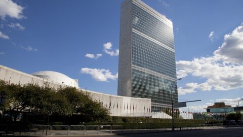 United Nations headquarters in New York under a blue sky