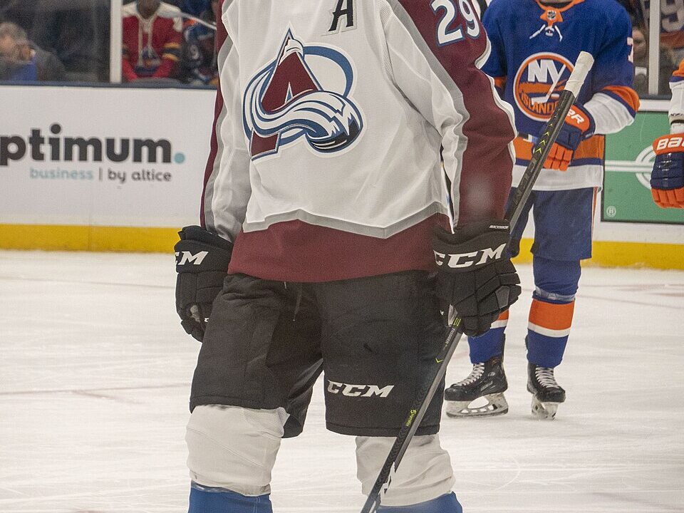 Nathan MacKinnon of the Colorado Avalanche skating on the ice during a game