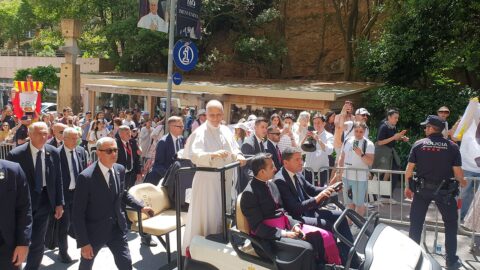 Pope Leo XIV blessing the crowd at Montserrat during his visit in June 2026