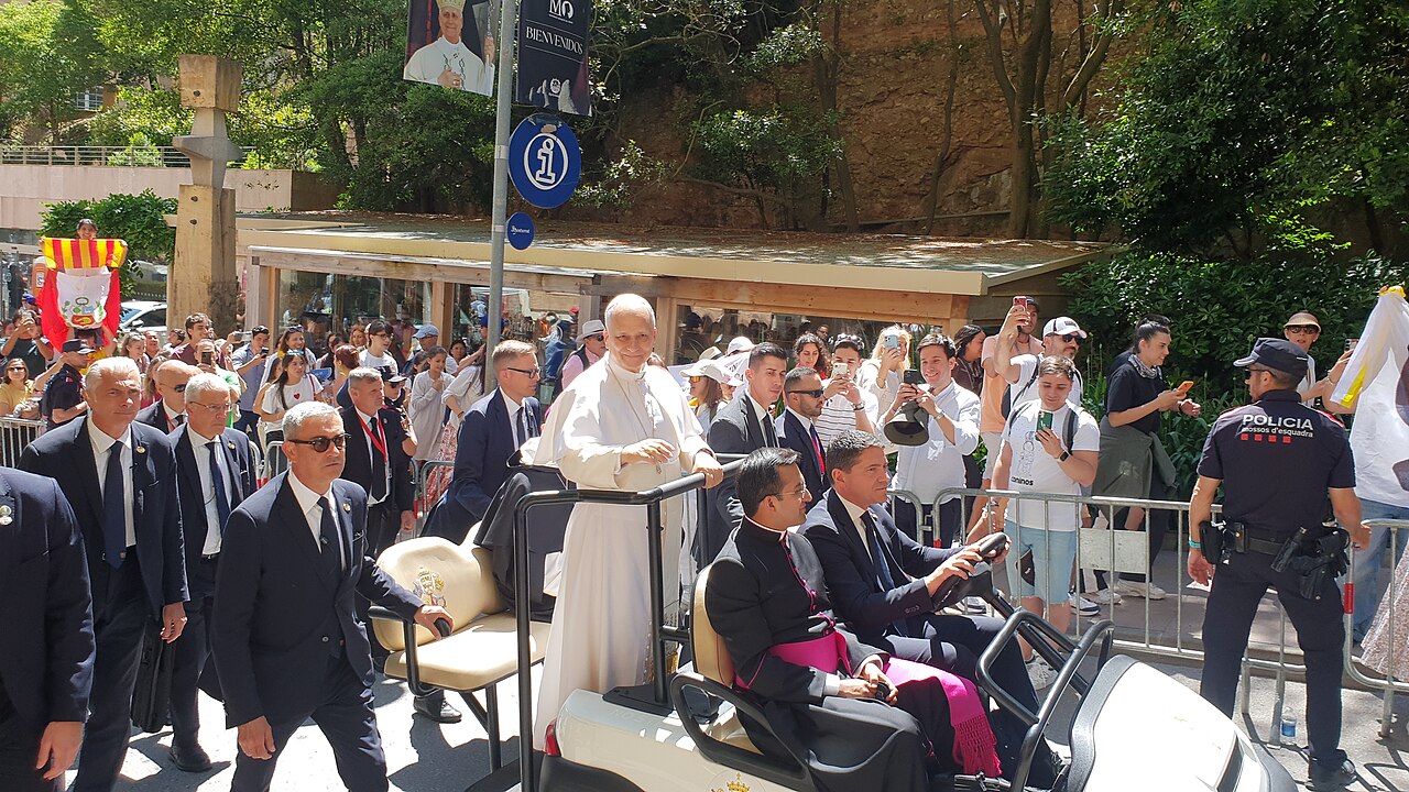 Pope Leo XIV blessing the crowd at Montserrat during his visit in June 2026