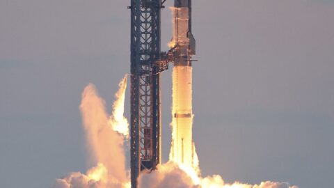SpaceX Starship rocket igniting during test flight